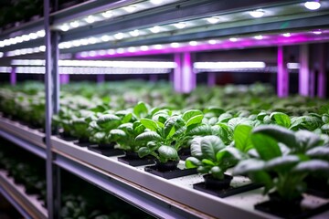 Indoor hydroponics greenhouse cultivation using LED lights. Generative AI