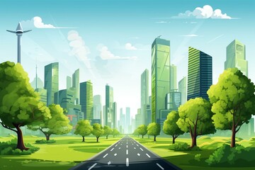 Illustration of an eco-friendly city with green buildings and a modern background. Generative AI