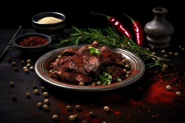 A seasoned meat dish with herbs and spices, served on a dark surface alongside a bowl of seasoning. Generative AI
