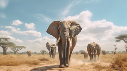 Elephants walk with their companions on the plains against the backdrop of wild nature