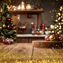 Fototapeta na wymiar The wooden countertop from the front perspective, the central space of the picture is used for ready to mockup, the background is an out-of-focus Christmas setup & decoration