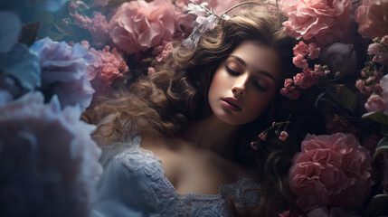 Young woman amid flowers, embodying Sleeping Beauty; symbolizes Mother Nature, environmental respect, nature's rebirth, and eco-awareness.