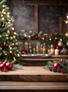 The wooden countertop from the front perspective, the central space of the picture is used for ready to mockup, the background is an out-of-focus Christmas setup & decoration