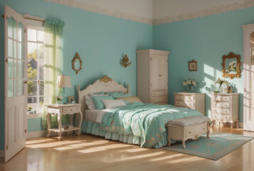 A Modern Bedroom Interior, with a Refreshing Mint-Colored Wall, Embodies the Essence of French Country Style