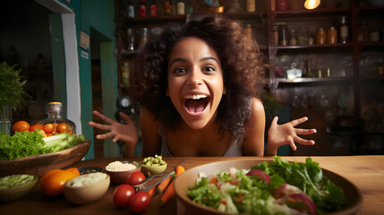 mujer latina feliz con comida saludable  - obrazy, fototapety, plakaty