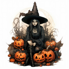 A scary witch dressed in black, big hat surrounded by evil pumpkins