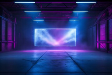 Purple and blue neon lights on a futuristic smoke background, with a 3D-rendered concrete stage in a dimly lit warehouse hallway. Generative AI