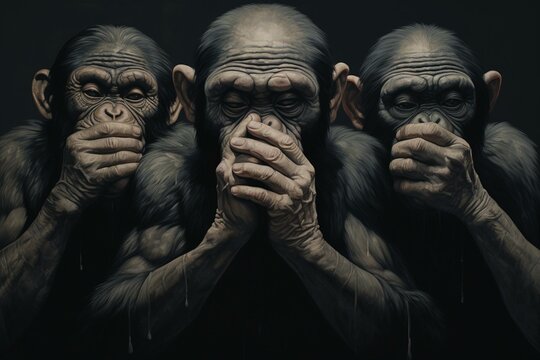 An illustration of three monkeys, each covering their eyes, mouth, and ears. Generative AI