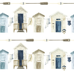 Watercolor seamless pattern, nautical design, beach huts. Fishing village print on white background