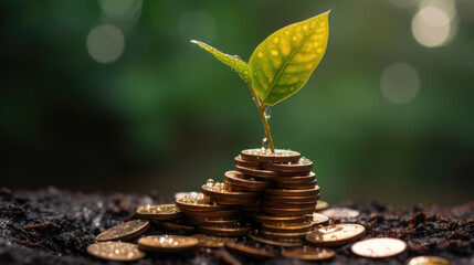 Plant growing from pile of coins. Investment to green business concept