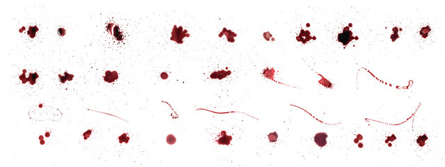 Set of blood drops. Blood stains. Red puddles isolated on transparent background. Halloween decorations