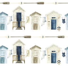 Watercolor seamless pattern, nautical design, beach huts. Fishing village print png