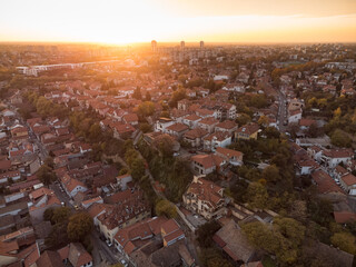 Drone view of sunset above Zemum district, Belgrade, Serbia, Europe. 4K