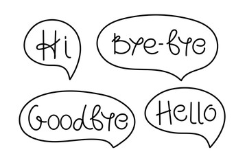 Welcome and farewell phrases. Bye-bye, Goodbye, Hello, Hi inscriptions. Hand written lettering vector illustration. Simple outline style. Template for banner, poster, flyer, web design, photo overlay.