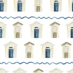 Watercolor Beach Huts Seamless Pattern: Coastal Charm in Blue and Beige Tones, Wave Stripes Nautical Print
