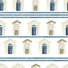 Watercolor Beach Huts Seamless Pattern: Coastal Charm in Blue and Beige Tones, Stripes Nautical Print