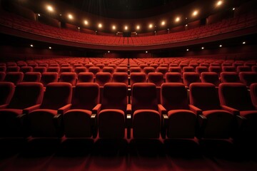 Red Seats Illuminated by Spotlights in Theatre Building for Concerts and Cinema