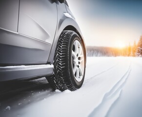 Winter tire. Car on snow road. 