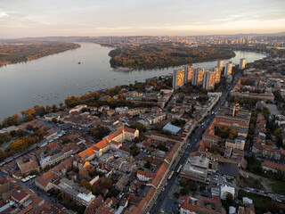 Drone view of sunset above Zemum district, Belgrade, Serbia, Europe. 4K