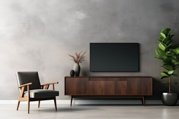 Cabinet for TV wall mounted with armchair in living room