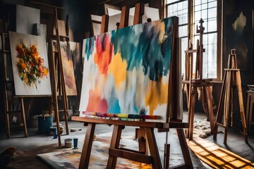 an impeccably detailed still life photograph of a wooden artist's easel holding a half-finished canvas covered in vibrant, abstract strokes of oil paint - AI Generative