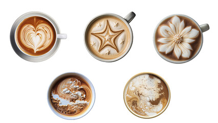 Five isolated coffee cups with unique and intricate designs. Transparent background. Top view.