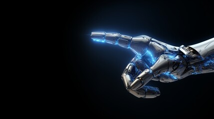 Photo of a futuristic robotic hand emitting a vibrant glow - obrazy, fototapety, plakaty