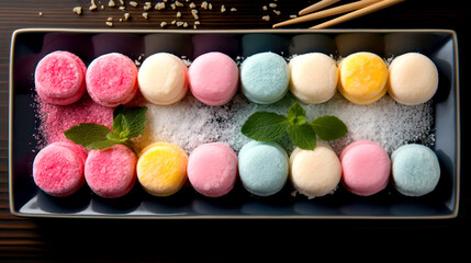 Set of delicious colorful mochi with mint leaves on a plate