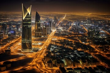 Aerial view of Riyadh at night with the city's financial center along King Fahad Road. Generative AI