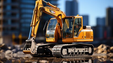 excavator at building construction construction site with bokeh bright sky background