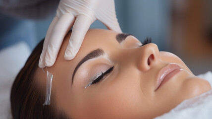 young woman having permanent makeup in salon
