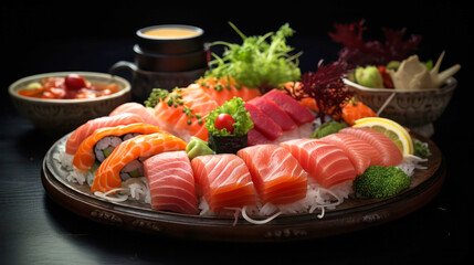 Assorted sushi nigiri and maki set on a platter. A variety of Japanese sushi with tuna, salmon, eel on a dark background