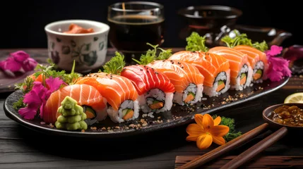 Selbstklebende Fototapeten Assorted sushi nigiri and maki set on a platter. A variety of Japanese sushi with tuna, salmon, eel on a dark background © allportall