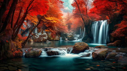 beautiful autumn forest with waterfall and waterfall