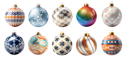 Decorative bauble ball, colourful mixed shiny collection on transparent background cutout. PNG file. Many assorted different flavour. Mockup template for artwork design