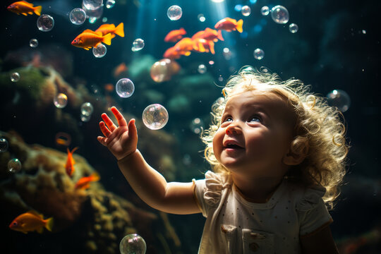 Enchanting scene of a curious baby reaching for a massive soap bubble, amidst an underwater fantasy of vibrant coral reefs and alluring sea life.