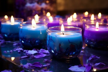 Scented candles in purple and blue emit decorative hues. Generative AI - obrazy, fototapety, plakaty
