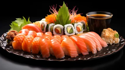 Foto op Plexiglas Assorted sushi nigiri and maki set on a platter. A variety of Japanese sushi with tuna, salmon, eel on a dark background © allportall