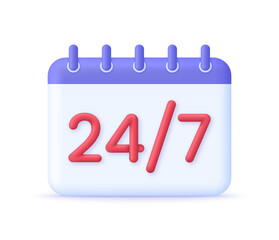 3D Calendar and 24,7 illustration. Planning concept and appointment, schedule.