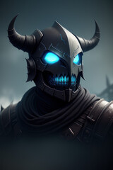 Portrait of an evil Death Knight in a horned helmet, Generative AI
