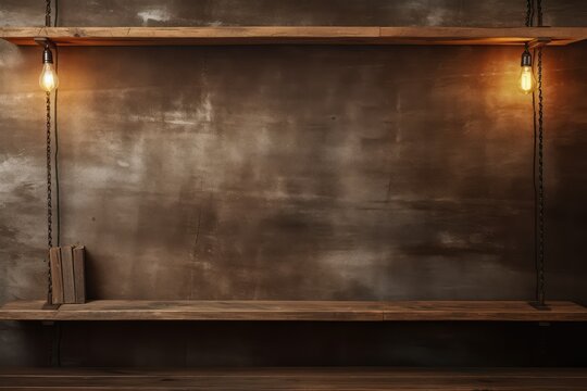 Empty brown wood plank board shelf at grunge concrete wall