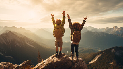 On the mountain top, a boy and a girl stand together, their faces beaming with excitement and accomplishment. With hearts full of joy, they raise their hands towards the sky,Generative AI illustration