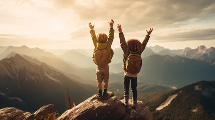 Foto auf Alu-Dibond On the mountain top, a boy and a girl stand together, their faces beaming with excitement and accomplishment. With hearts full of joy, they raise their hands towards the sky,Generative AI illustration © peerapong
