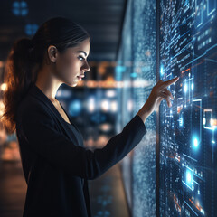 A woman researcher is using a futuristic digital screen to analyze data. The advanced technology of the digital screen allows her to interact with complex datasets, making .Generative AI illustration.