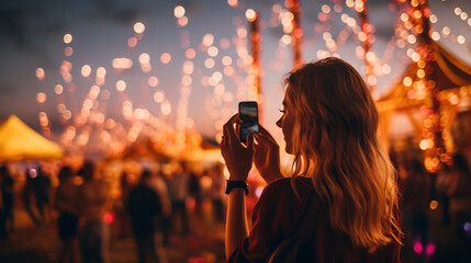 The young woman, immersed in the vibrant atmosphere of the music festival, captures the magic of the moment with her smartphone. With a smile on her face, Generative AI illustration - obrazy, fototapety, plakaty