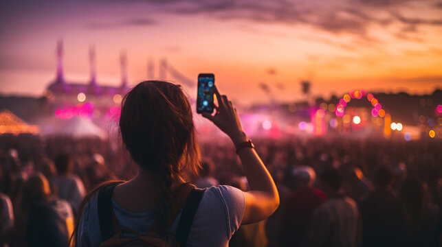 The young woman, immersed in the vibrant atmosphere of the music festival, captures the magic of the moment with her smartphone. With a smile on her face, Generative AI illustration