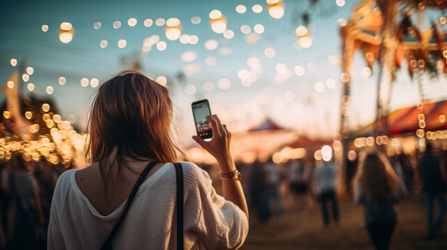 The young woman, immersed in the vibrant atmosphere of the music festival, captures the magic of the moment with her smartphone. With a smile on her face, Generative AI illustration