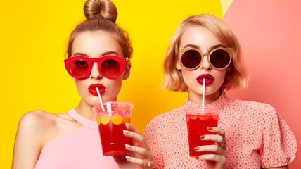 group of young women in pink and pink clothes with glasses of different drink on pink background - Powered by Adobe