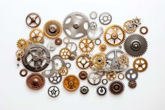 Collage Of Metallic Gears And Cogwheels On A White Background. A Banner Of Spare Parts. Generative AI