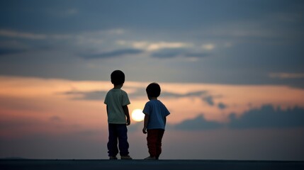 Two boys standing barefoot looking into the distance before sunset. A breathtaking view. A lot of copy space.